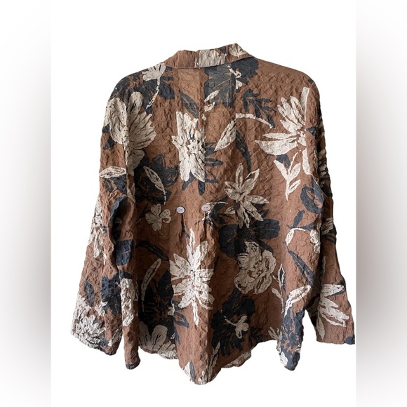 Habitat Clothes to Live In Brown Button Up Floral Crinkle Blouse XL - Picture 3 of 5